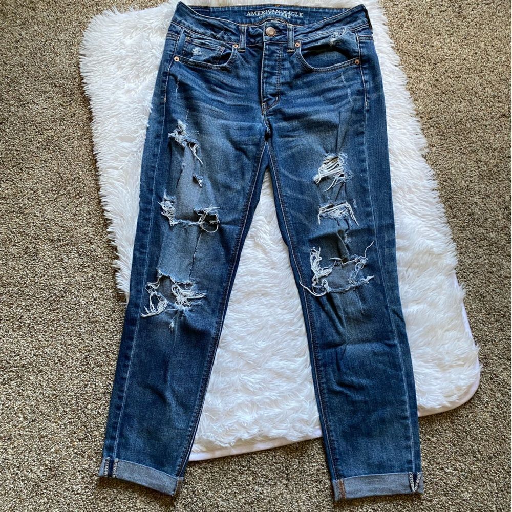 American Eagle Tomgirl Jeans Button Fly Raw Ankle Hem‎ Blue Stretch Distressed 2